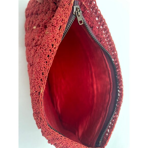 Handcrafted Red Crochet Clutch Purse Zip Closure & Satin Lining For Accessories - Picture 6 of 6